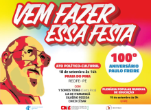 Recife vai receber celebração mundial do  Centenário de Paulo Freire de 17 e 20/09
